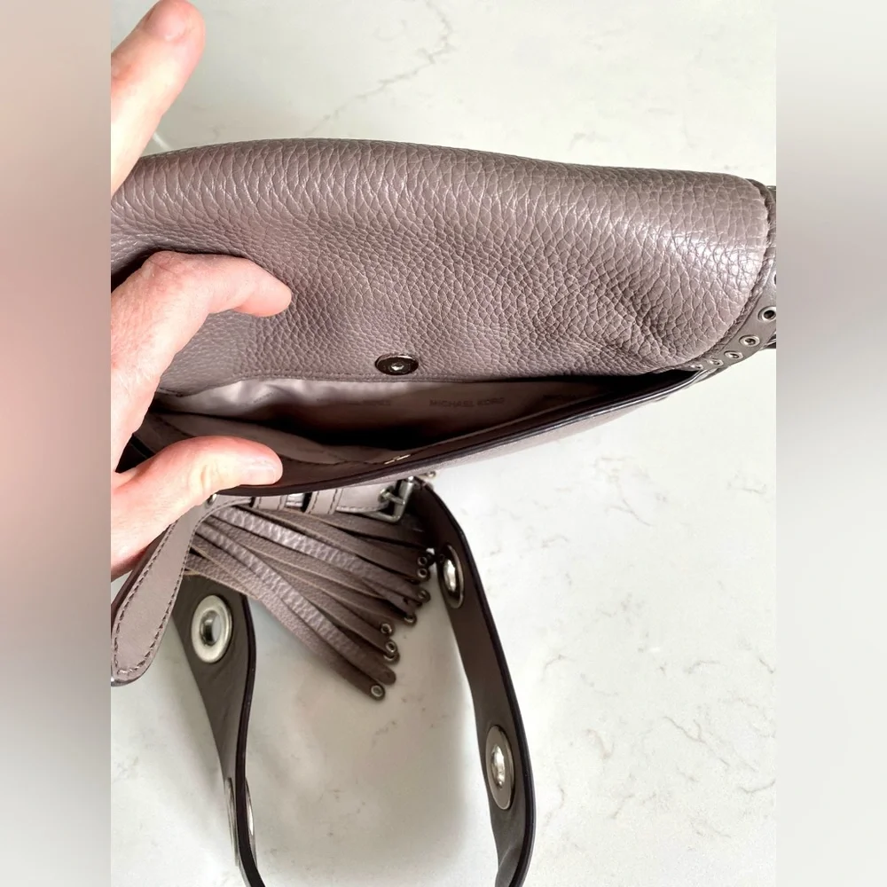 Michael Kors Brooklyn Leather Medium Crossbody Saddle Bag with Studs and…